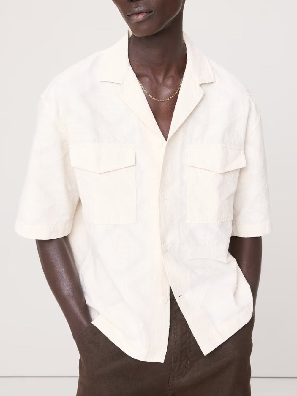 NWT Banana Republic Men's Cream White Relaxed-Fit Cotton Jacquard Resort Shirt M
